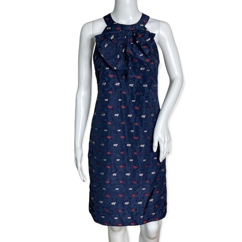 Banana Republic Dress Womens 0 Navy Blue Red Jacquard Sheath Ruffle Preppy Party